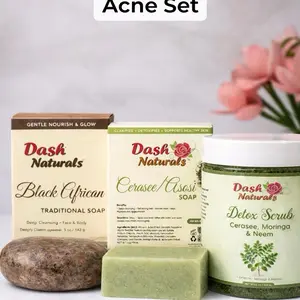 Acne Set for Detoxifying and Clear Skin - Includes Black African Soap, Cerasee/Asosi Soap, and Detox Scrub with Cerosee, Moringa & Neem
