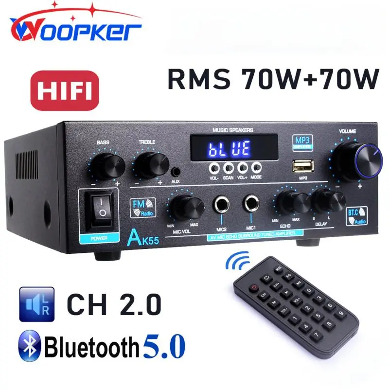 Woopker AK55 Compact 2.0 Channel Bluetooth 5.0 Stereo Amplifier, 600W Max Power Stereo Receiver, Wireless Smartphone Compatibility, Remote Control, AUX, RCA, Echo, USB, 2 MIC Inputs, for Home Party, Karaoke Use