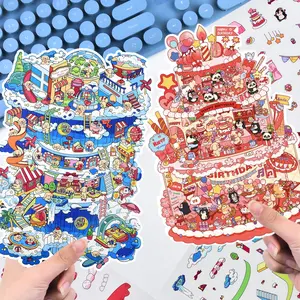 Large DIY 3D House Scene Stickers, 2 Set Cartoon Cute Birthday and Sky Castle Relaxing Stickers, Fun Miniature Room Stickers for Adults, Kids, Relief Stress, Pass The Time，Ship From China