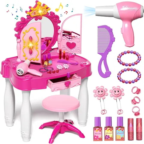 Toddler Makeup Table with Mirror and Chair Kids Makeup Vanity Set with Accessories Lights Music Sound for Girls Toddlers 3-5 Years Old Pink Dresser
