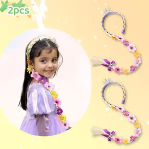 2pcs Princess Rapunzel Long Braided Wig Headband Set, 19-Inch Tiara Flower Accents for Kids' Costumes & Playtime, Perfect Gift for Little Queens