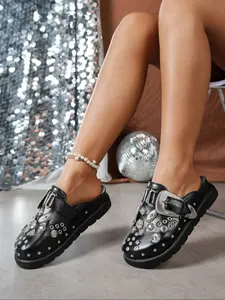 Fashion Studded Heeled Oxford Shoes, Valentine's Day Style, Thick Sole Mules, Trendy Women's Footwear, Comfortable and Stylish