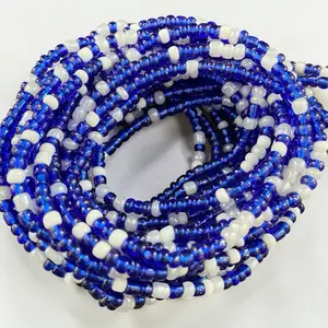 Blue & White Waist Beads Elegant Body Jewelry Weight Tracker Tie-On 45 inches Adjustable for Various Waist Sizes