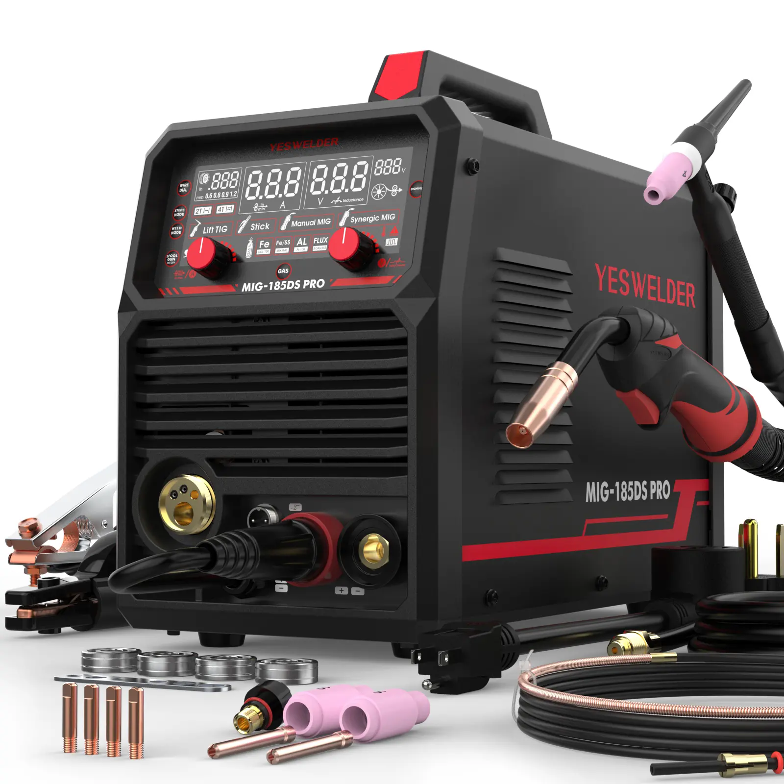 YESWELDER MIG-185DS-PRO Aluminum MIG Welder with Lift TIG Torch | 185Amp 110/220V Digital Welding Machine with Synergy | Gas/Flux/Lift TIG/Stick/Spool Gun 5-in-1 | Spool Gun Compatible