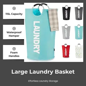 No More Red Marks 115L Large Laundry Basket Collapsible Waterproof Hamper with Foam Protected Aluminum Handles Blue Dirty Clothes Basket for Dorm or Family Use