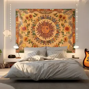 Bohemian Style Sunflower Sun Face Tapestry, Vintage Astrology Zodiac Wall Hanging Tapestries, Boho Digital Print Tapestrys for Bedroom Living Room Dorm Decor, Aesthetic Hippie Wall Art Blanket for Home Decoration