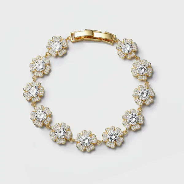 QUEENDO Floral Pave Stone Link Bracelet, Sparkling Flower Cluster Design, adjustable link bracelet, daily party jewelry gift for Dating Wedding Holiday Matching Outfit Ornaments
