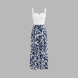 Cider [size 2-10] Square Neck Solid Crop Tank Top With High Rise Abstract Knotted Wide Leg Trousers