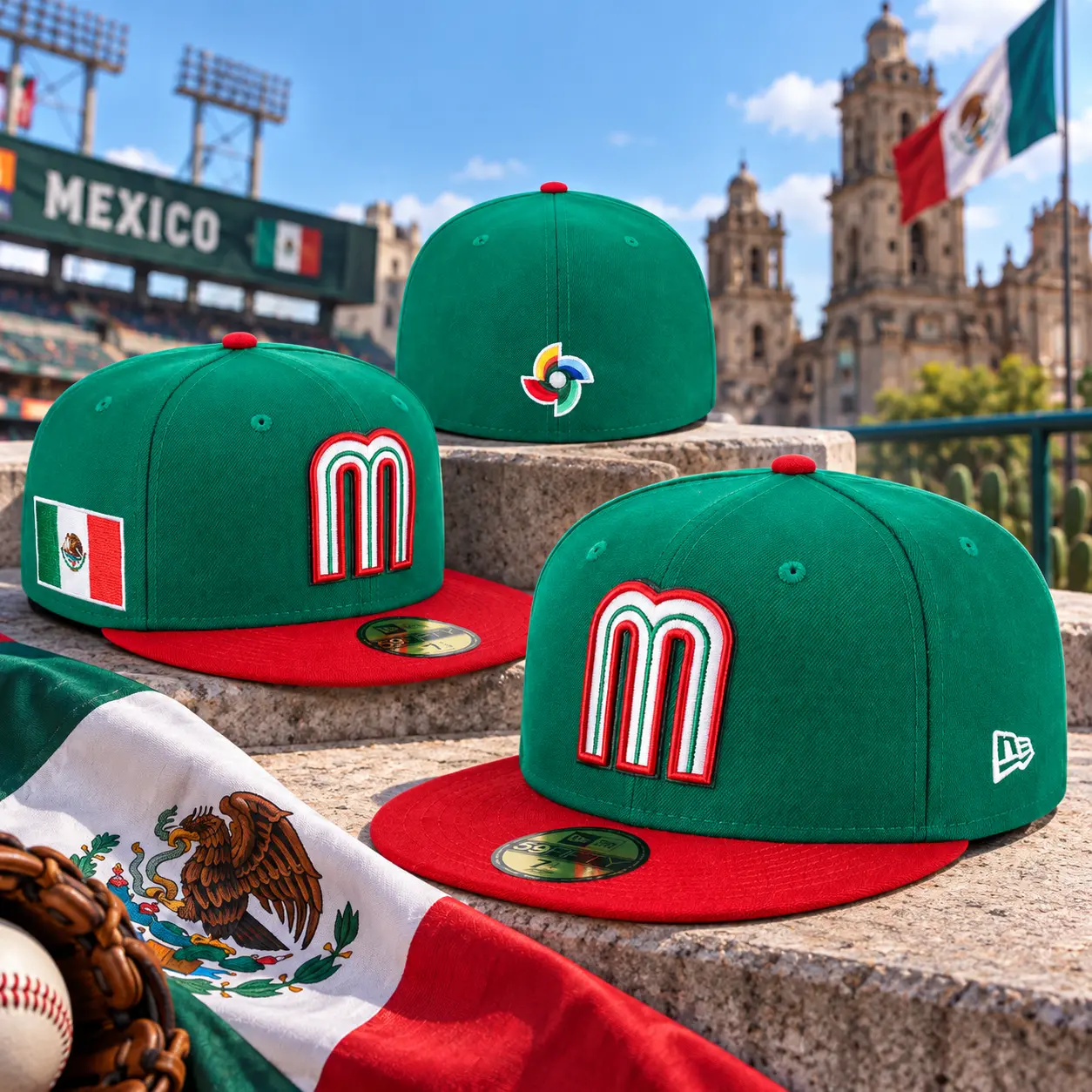 [HOT 2026] Mexico Baseball 59FIFTY Fitted Hat – Green & Red Flat Brim Cap with Embroidered M Logo