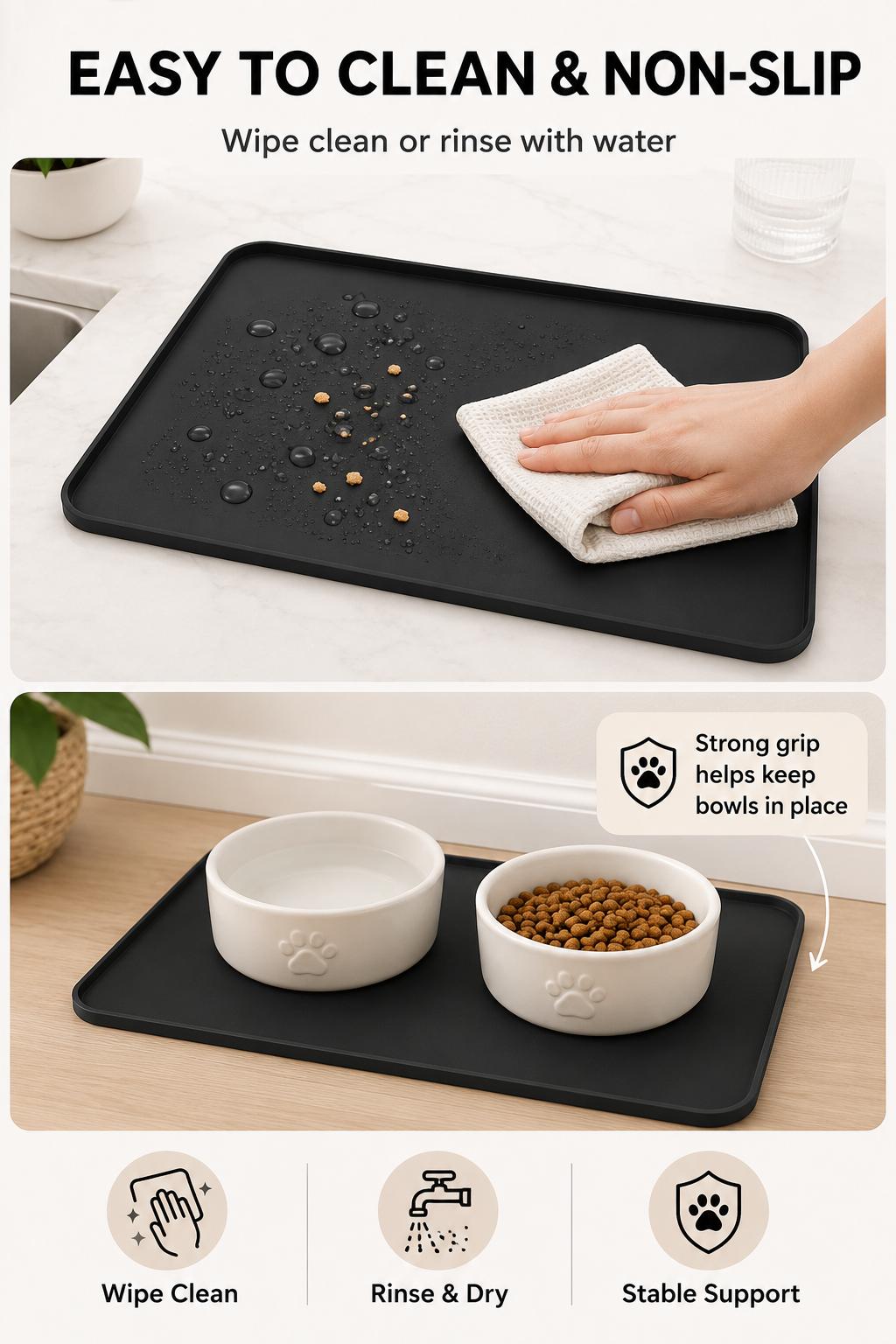 Silicone Pet Feeding Mat for Dogs and Cats 13 x 9 Inch Waterproof Raised Edge Food and Water Bowl Tray Black Silicone Pet Feeding Mat for Dogs and Cats 13 x 9 Inch Waterproof Raised Edge Food and Water Bowl Tray Black