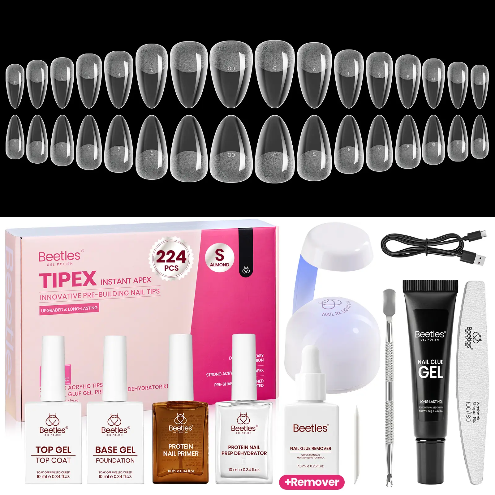 [Exclusive to TTS]Beetles Tipex Nail Extension Kit Instant Apex Nail Tips Kit with Nail Glue Remover, Mini UV Lamp,Solid Nail Glue, Base & Top Coat Pre-Building Pre-Etched Acrylic Tips Kit