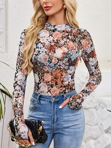 Women's Sexy Slim-Fit Sheer Lace Top, Transparent Mesh Fabric, Fashionable Spring Summer, All-Season Wear