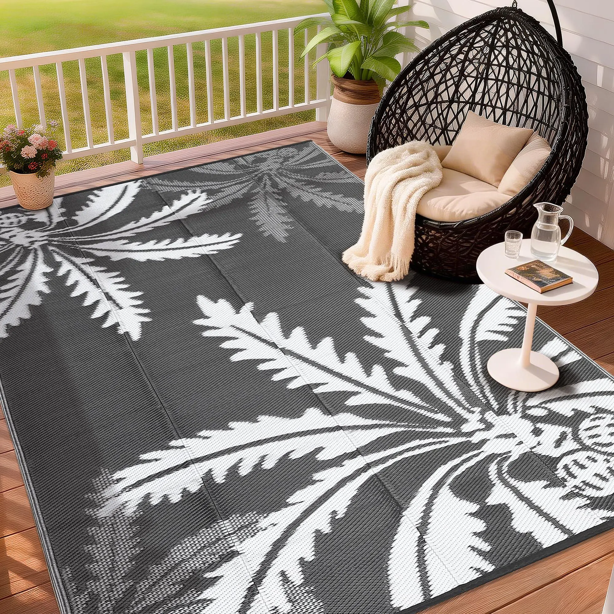 Waterproof Outdoor Rug  for Patio, Reversible Modern Area Rug, Large Plastic Straw Mat for Camping, RV, Porch, Backyard, Deck, Picnic, Beach, Grey&White