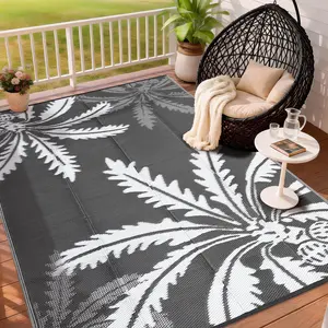 Waterproof Outdoor Rug  for Patio, Reversible Modern Area Rug, Large Plastic Straw Mat for Camping, RV, Porch, Backyard, Deck, Picnic, Beach, Grey&White