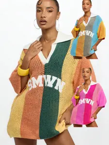 Summer Dopamine Vintage Hollow Out Knit Sweater, Breathable Casual Short Sleeve T-Shirt, Sporty Colorblock Half Sleeve Jersey