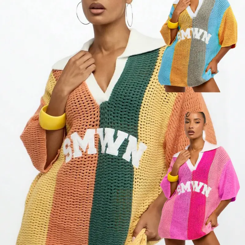 Summer Dopamine Vintage Hollow Out Knit Sweater, Breathable Casual Short Sleeve T-Shirt, Sporty Colorblock Half Sleeve Jersey, Sleeve Knit Top, Knitwear Tops, Casual Fashion Knitwear, Womenswear