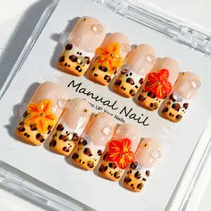 Vosplends  LEOPARD, handmade 10pcs  middle coffin  press on nails , 3D flower nails,birthday gifts,Christmas Gifts Festive Christmas Nail Art Set Girls' Cute Press-On Kitpress on. nail