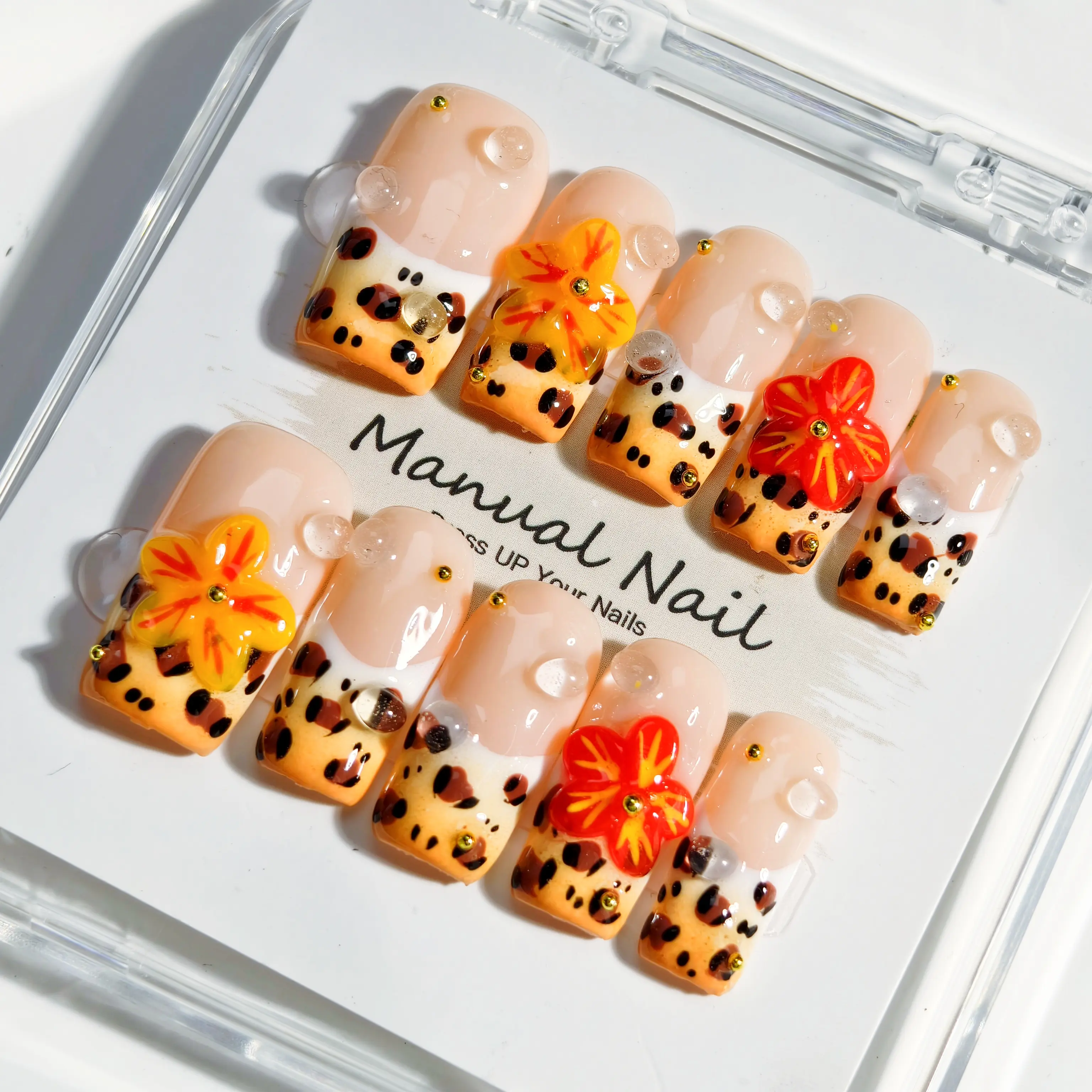 Vosplends  LEOPARD, handmade 10pcs  middle coffin  press on nails , 3D flower nails,birthday gifts,Christmas Gifts Festive Christmas Nail Art Set Girls' Cute Press-On Kitpress on. nail