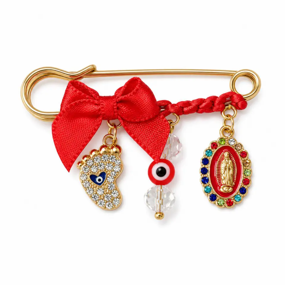 September Laurel  Pregnancy Protection Safety Pin Brooch, Red Bow Maternity Lucky Pin with Baby Footprint, Evil Eye & Virgin Charm, Pregnancy Belly Brooch for Expecting Moms, Baby Shower Gift