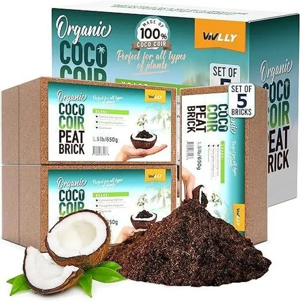 Compressed Coco Coir, 5 Pack Organic Coconut Coir, 1.4 Coco Coir Brick, Coconut Soil with Low EC & pH Balance, Coco Fiber for Herbs & Flowers, High Expansion, Renewable Coconut Soil for Planting