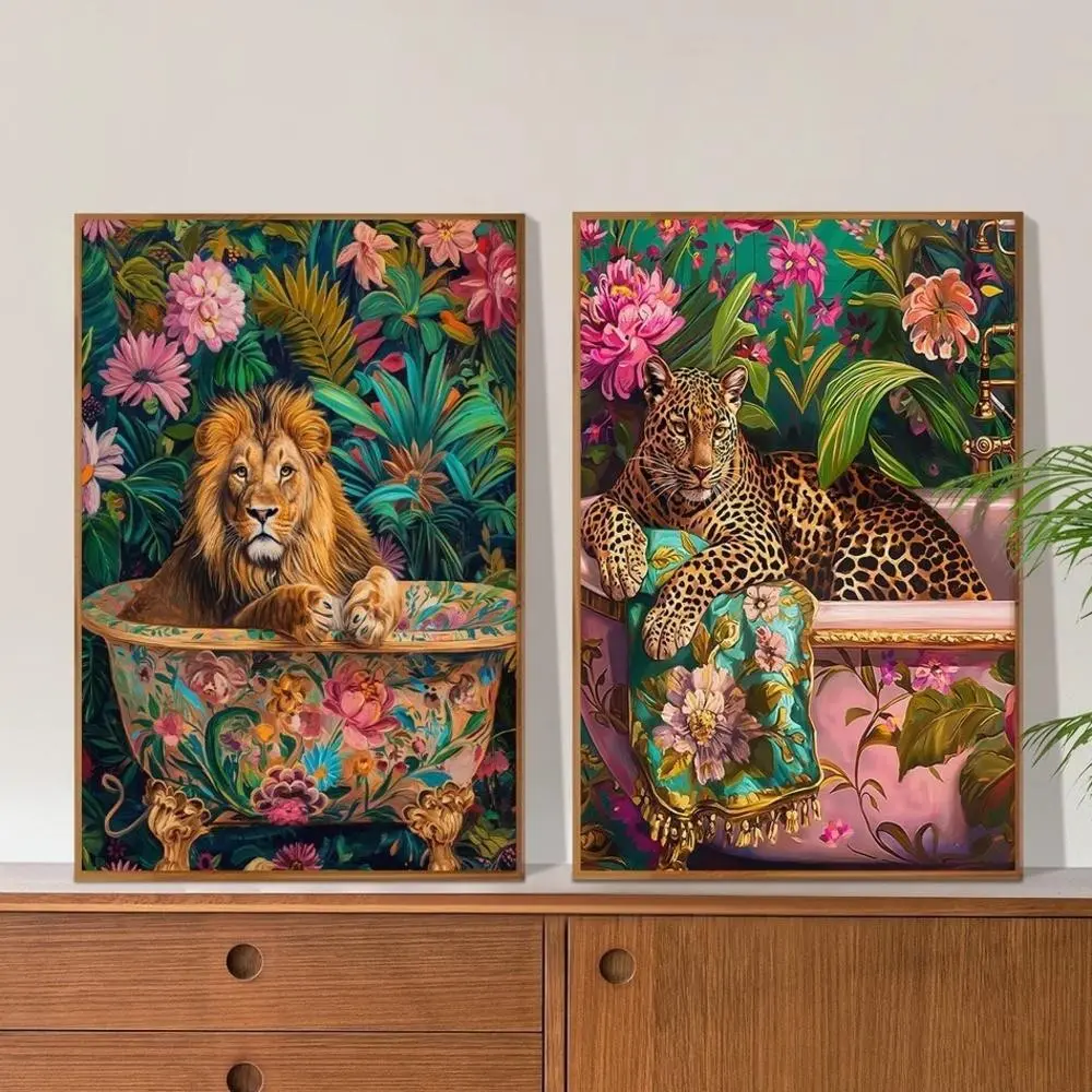 2 Pieces Vintage Floral Animal Head Noble Portrait Tiger Lion Art Prints, Decorative Artwork, Canvas Wall Mural, Artistic Elegant Witty Home Art, Eclectic Gallery Decor, Rich Tone Poster, Wall Decor for Living Room and Study, Framed or Unframed.
