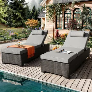 Outdoor Chaise Lounge Set of 2, 5-Position Adjustable PE Wicker Reclining Chairs with Wheels & 3.5" Cushions, 400 lbs Capacity All-Weather Patio Furniture for Poolside, Garden, Beach