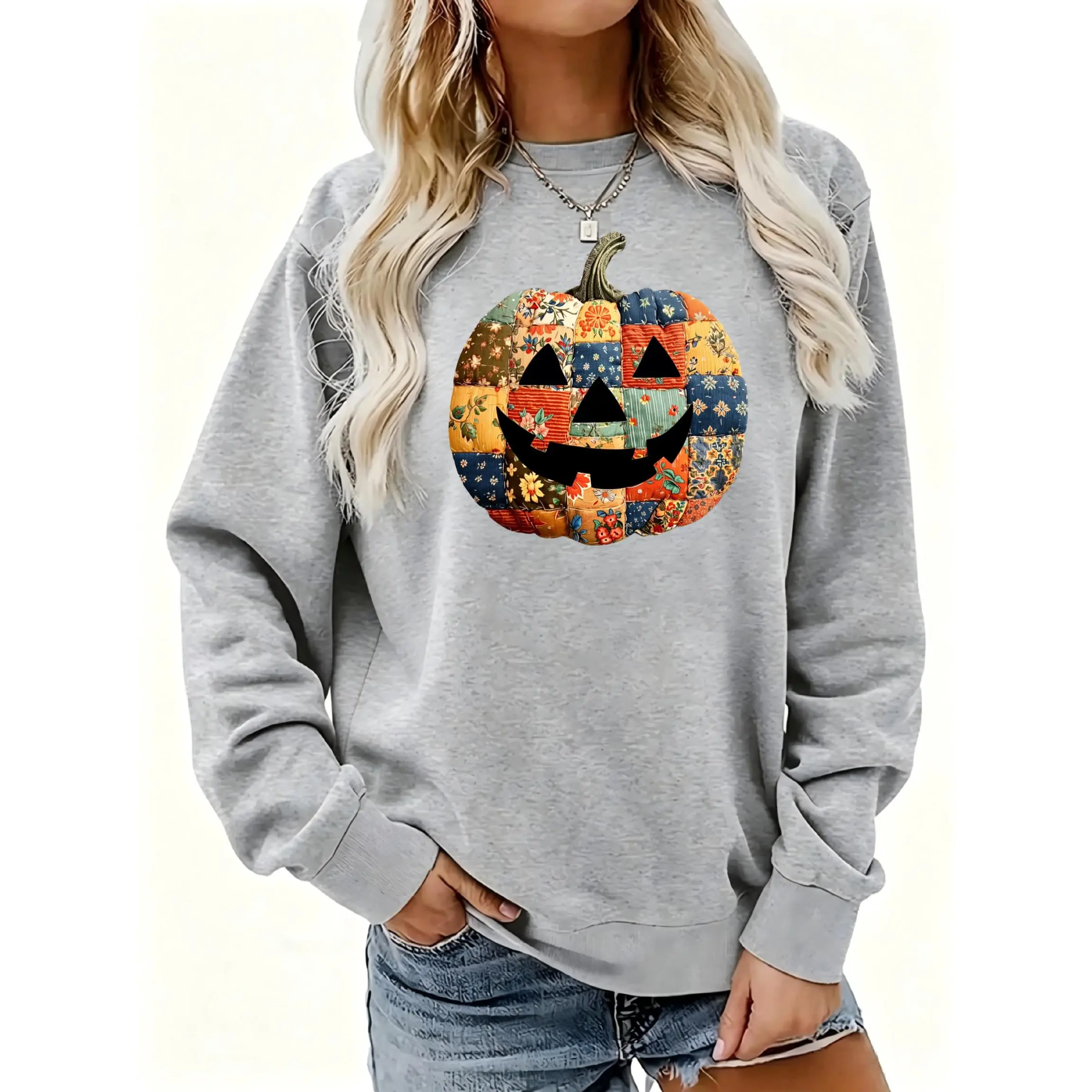 Women's Patchwork Pumpkin Face Print Crewneck Sweatshirt | Soft Stretchy Long Sleeve Pullover | Cozy Fall Layering Essential For Casual Daily, Office & Streetwear Looks