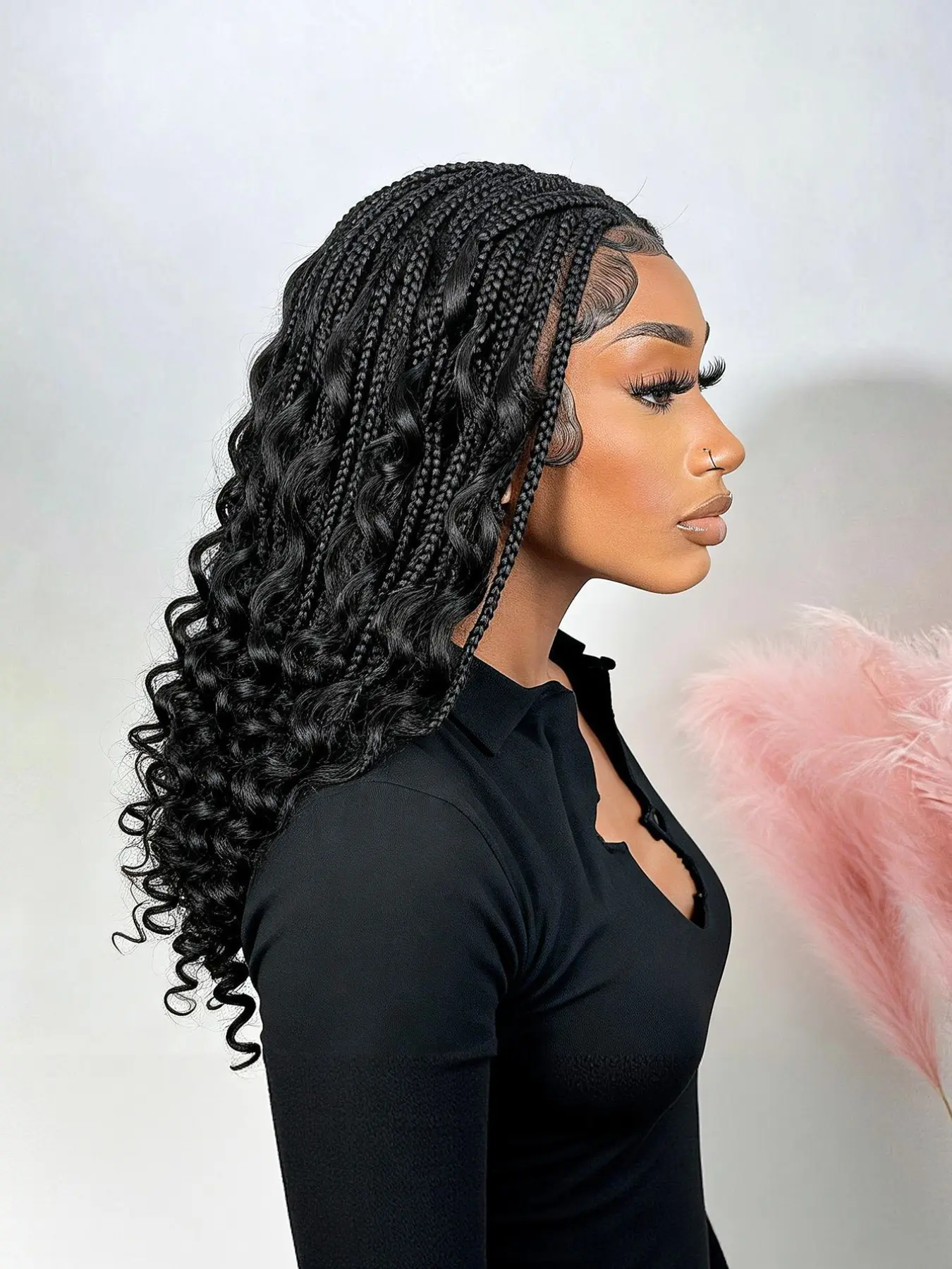 New French Braided Wave Wig, Full Lace Bohemian Synthetic Box Braid Wig, 20 Inch Handmade No Knot Box Braid, 250% Density Cornrow Wave Headband Wig, Lace Wigs, Braided Hair Wigs