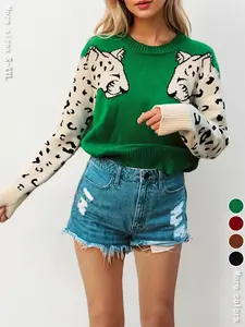 Women's Animal Leopard Print Drop Shoulder Sweater, Casual Long Sleeve Round Neck Jumper for Fall & Winter, Fashion Chic Style Ladies' Knitwear for Everyday Wear for Christmas