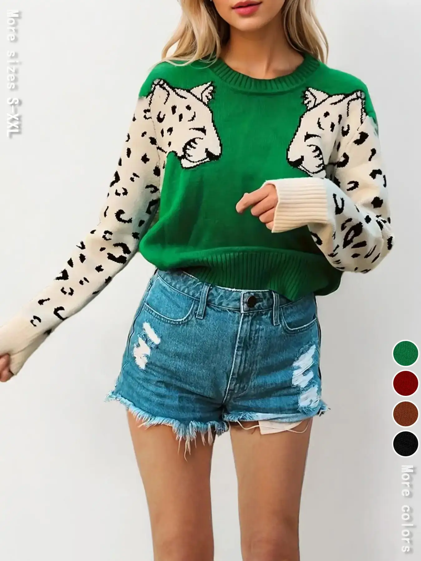 Women's Leopard Print Drop Shoulder Sweater, Casual Long Sleeve Round Neck Jumper for Fall & Winter, Fashion Ladies' Knitwear for Daily Wear for Chris