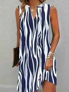 Casual Sleeveless V Neck Dress - Abstract Ripple Print - Women's Clothing
