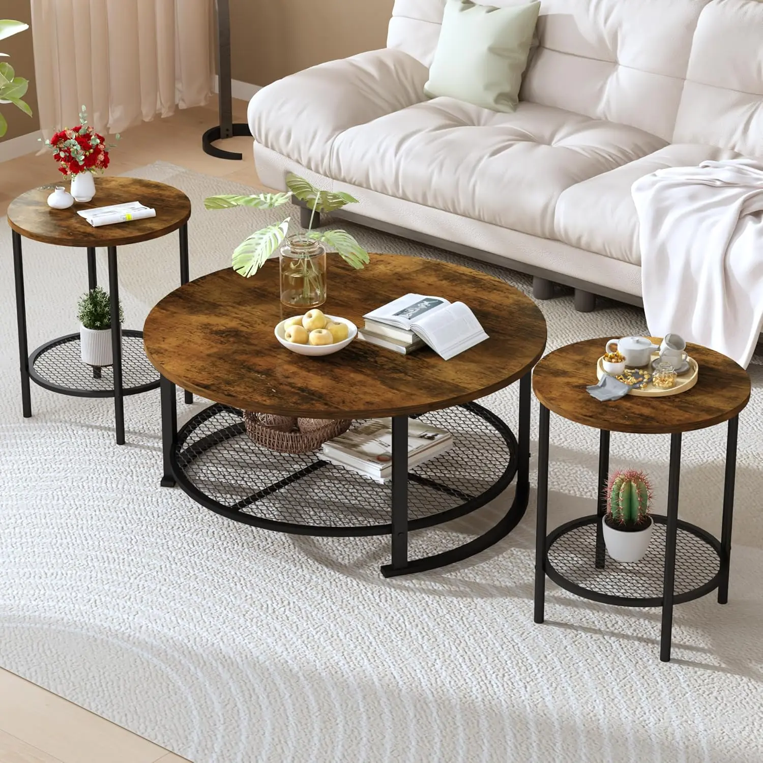 Living Room Coffee and End Table Sets, Wooden Modern Rustic Center Table with Two Side Tables, 3 Piece Living Room Coffee Table Set with Storage for Living Room, Apartment homemakeover