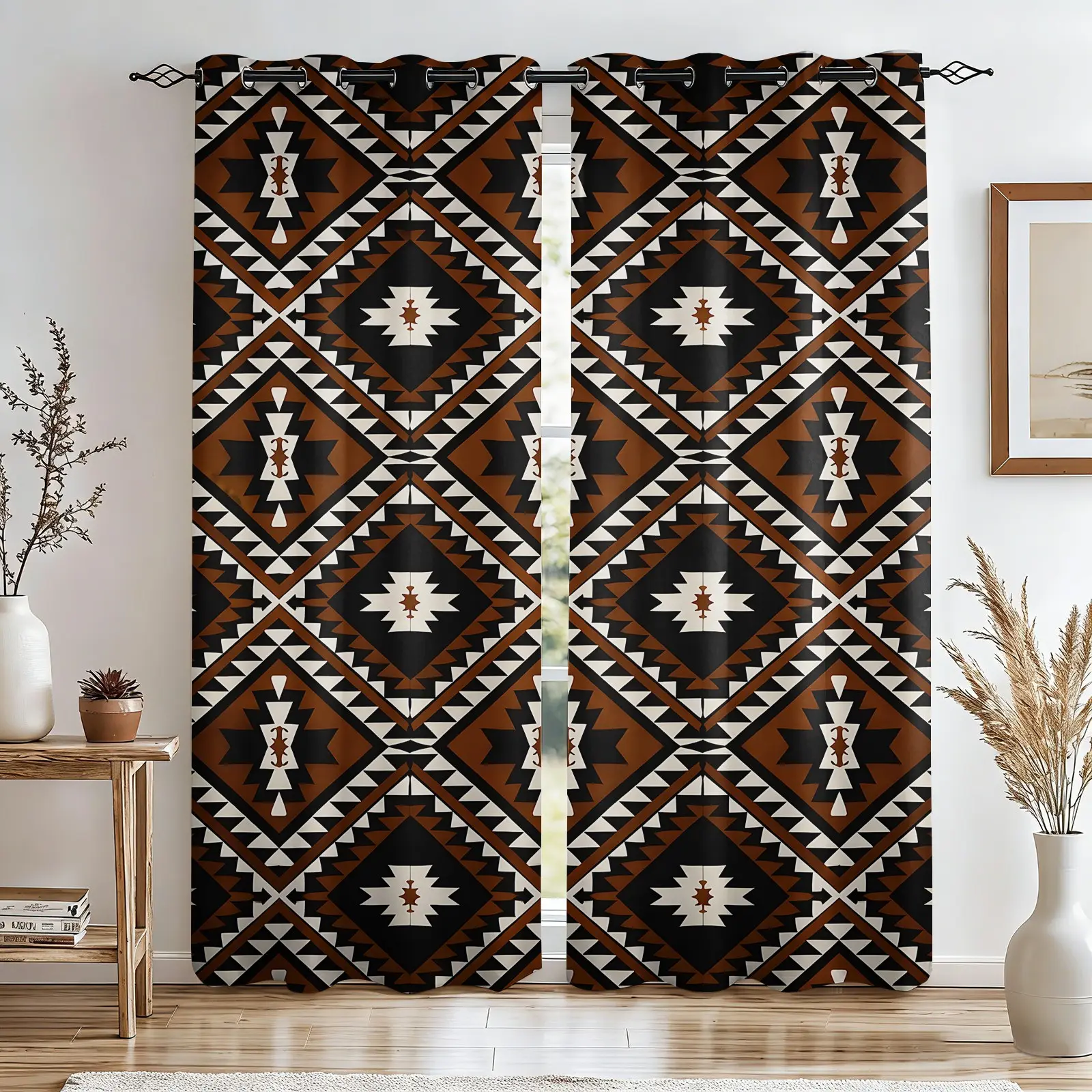 2 Panels Southwestern Aztec Print Window Curtains, Tribal Ethnic Geometric Printed Curtains, Boho Western Darkening Curtains, Thermal Insulated Decoration Curtains, Home Decorative Curtain for Bedroom Living Room Farmhouse Decor