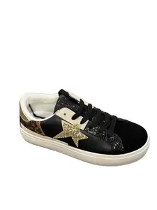 Women's Fashion Star Sneaker Lace-Up Glitter Comfortable Cushioned Walking Shoes with Lace-Up Design and Glitter Finish for Everyday Wear