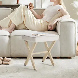 Elegant Beige Linen Ottoman Stool | Compact Footrest, Vanity Seat & Decorative Accent for Bedroom, Bathroom