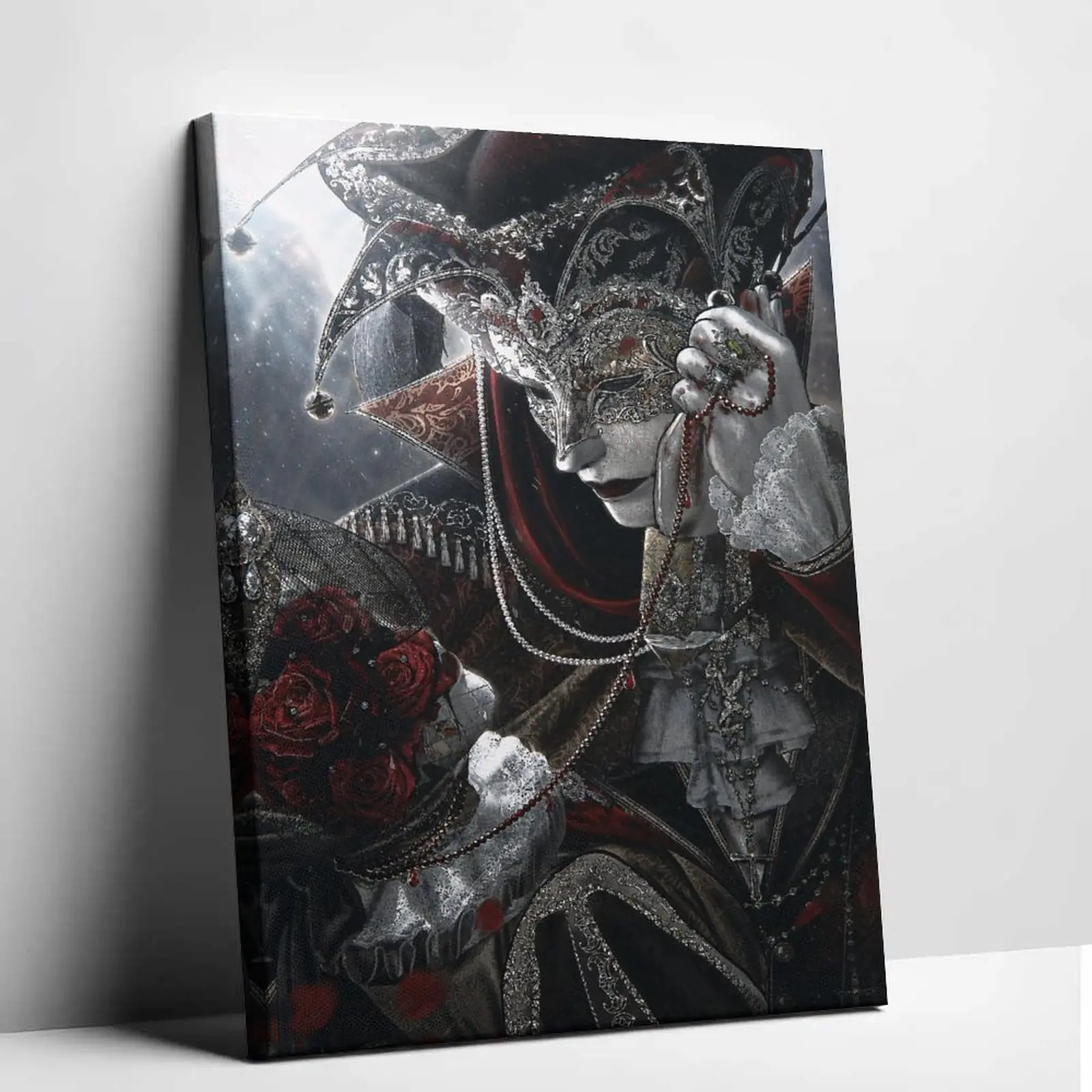 Gothic Harlequin Canvas Wall Art - Artistic Venetian Masquerade Mask Print, Deep Red Rose Oil Painting, Vintage Royal-Themed Decoration for Living Rooms, Bedrooms