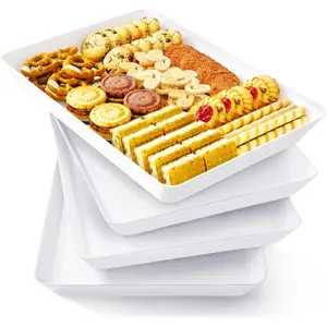 Serving Tray for Party Supplies, Reusable Serving Platter for Catering, Snack, Fruit, Charcuterie, Appetizer, Plastic Food Trays, Hosting Essentials, BPA Free, White, 4 Pcs