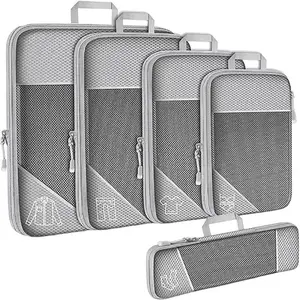 Grey Travel Compression Packing Cubes - 5pcs See Through Mesh with Double Zipper & Handle for Suitcases Luggage Packing Organizer