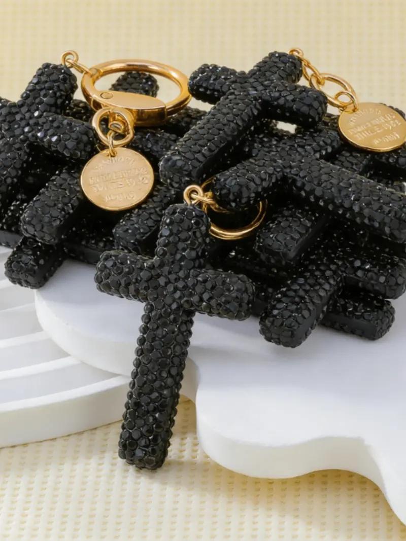Ceramic Cross Keychain with Rhinestones, Creative Car Key Chain, Keychain Jewelry, Unisex Bag Charm, Valentine's Day Gift, All Seasons, Bag Pendant Keychain