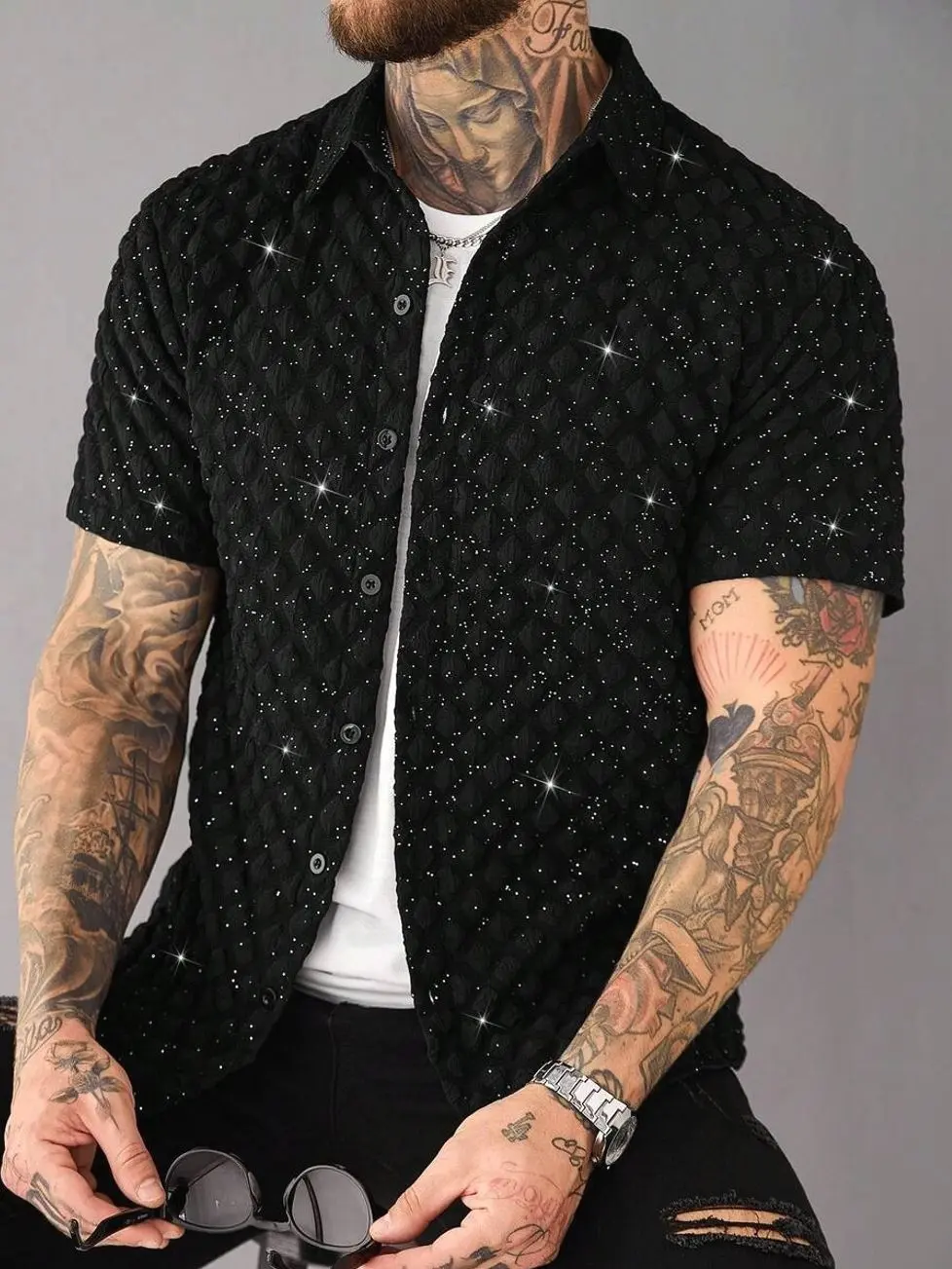 Men's clothing - Men's Textured Sparkle Button Shirt, Short Sleeve Party Top for Summer Vacation & Going Out men’s clothes mens clothing male clothing trending clothes y2k clothing streetwear clothing y2k shirts