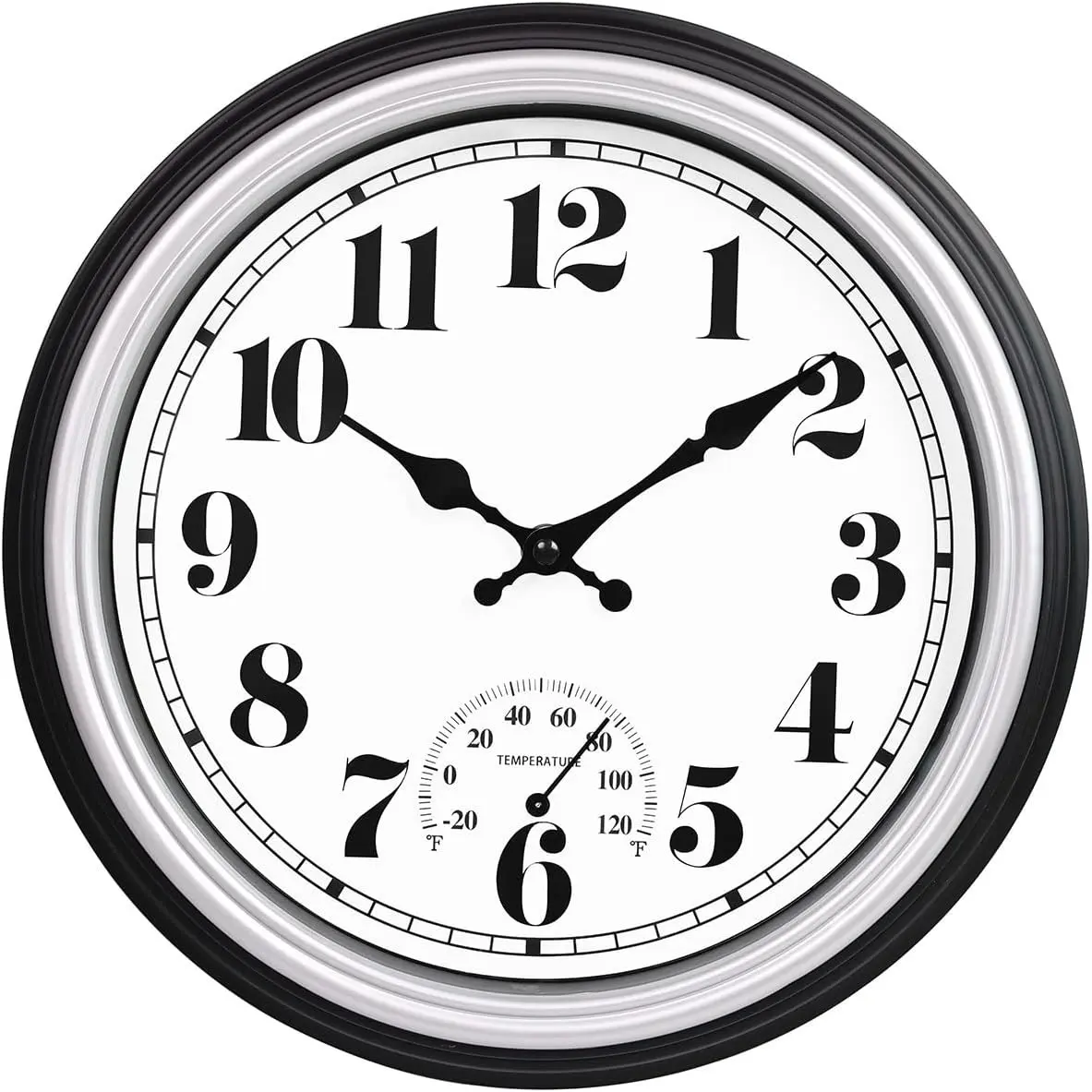 12 Inch Indoor/Outdoor Retro Round Waterproof Wall Clock with Thermometer, Silent Non Ticking Battery Operated Quality Quartz Wall Clock Home/Patio Decor(Silver F)