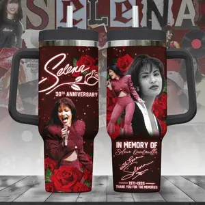 Selena Quintanilla Latin Music Icon Tribute 40oz Handle Tumbler – Red Rose Memorial Design, Tejano Singer Inspired Stainless Steel Travel Cup, Fan Gift