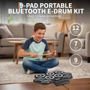 Portable Roll-Up Electronic Drum Pad, 9 Pads Wireless Drum Kit with Color Light & Built-in Speaker, Great Gift for Kids & Beginner Musicians