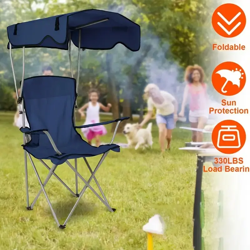 Camping Chair with Canopy, Outdoor Folding Lounge Chair,  with Storage Pockets, Cup Holder, Supporting 350 Pounds, Suitable for Camping, Beach, Picnic, Fishing