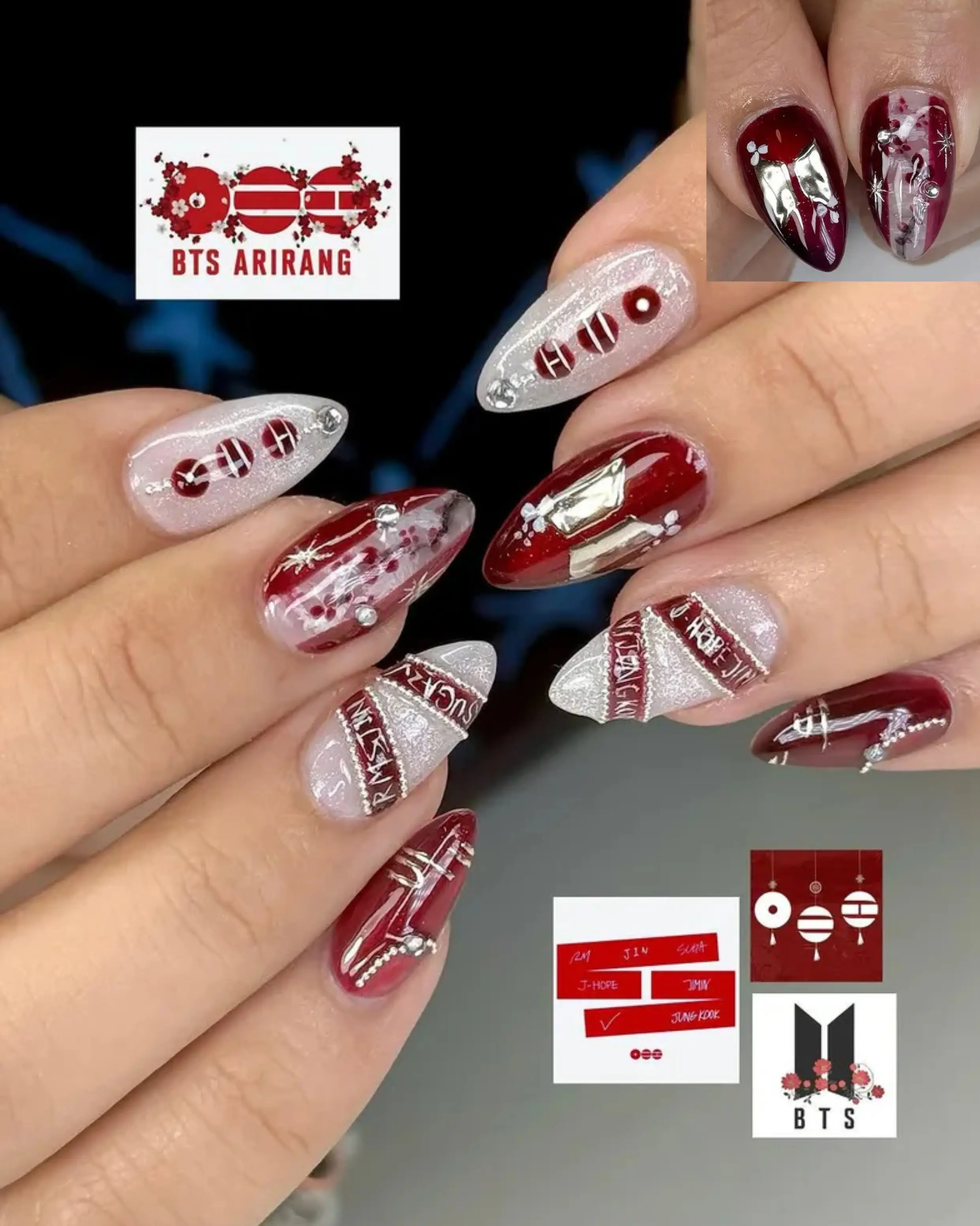 BTS Arirang Kpop Concert Press On Nails, Deep Red White Glitter Fake Nails, Silver Chrome K-pop Fan Custom Nail Art