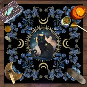 Mystical Black Cat Blue Flower Design Square Tarot Tablecloth, Witch-style home decor Altar Cloth Multiple Sizes Polyester Fabric, Easy to Clean and Maintain Decorative Divination Cloth for Spreads & Rituals Gift for family and friends