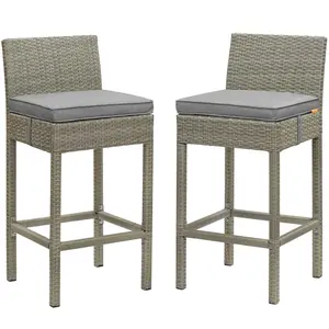Modway Conduit Bar Stool Outdoor Patio Wicker Rattan Set of 2 in Light Gray Gray