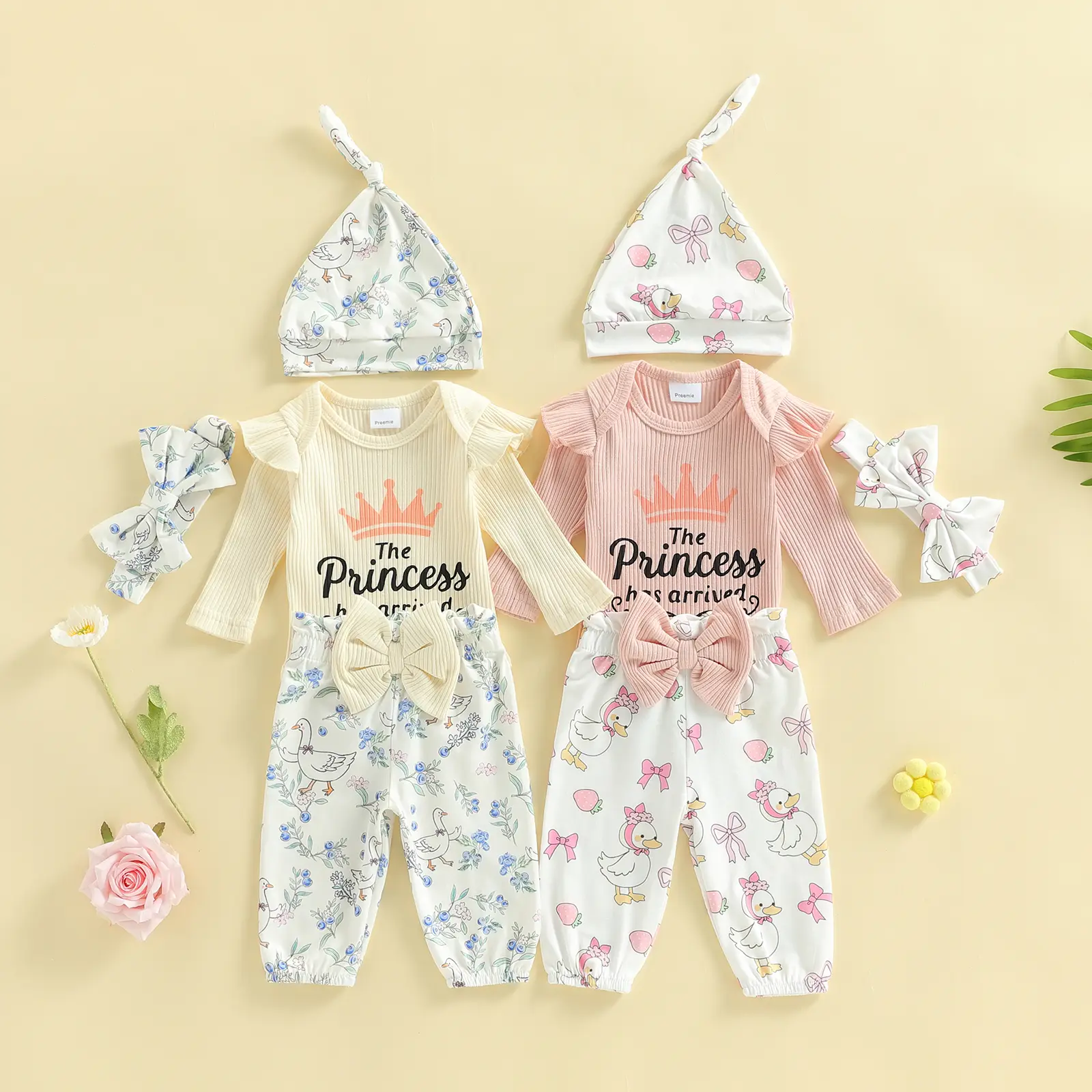 Canrulo Newborn Baby Girl Fall Winter Outfit Princess Long Sleeve Romper Pant Cute Hat Preemie Coming Home Outfit Clothes