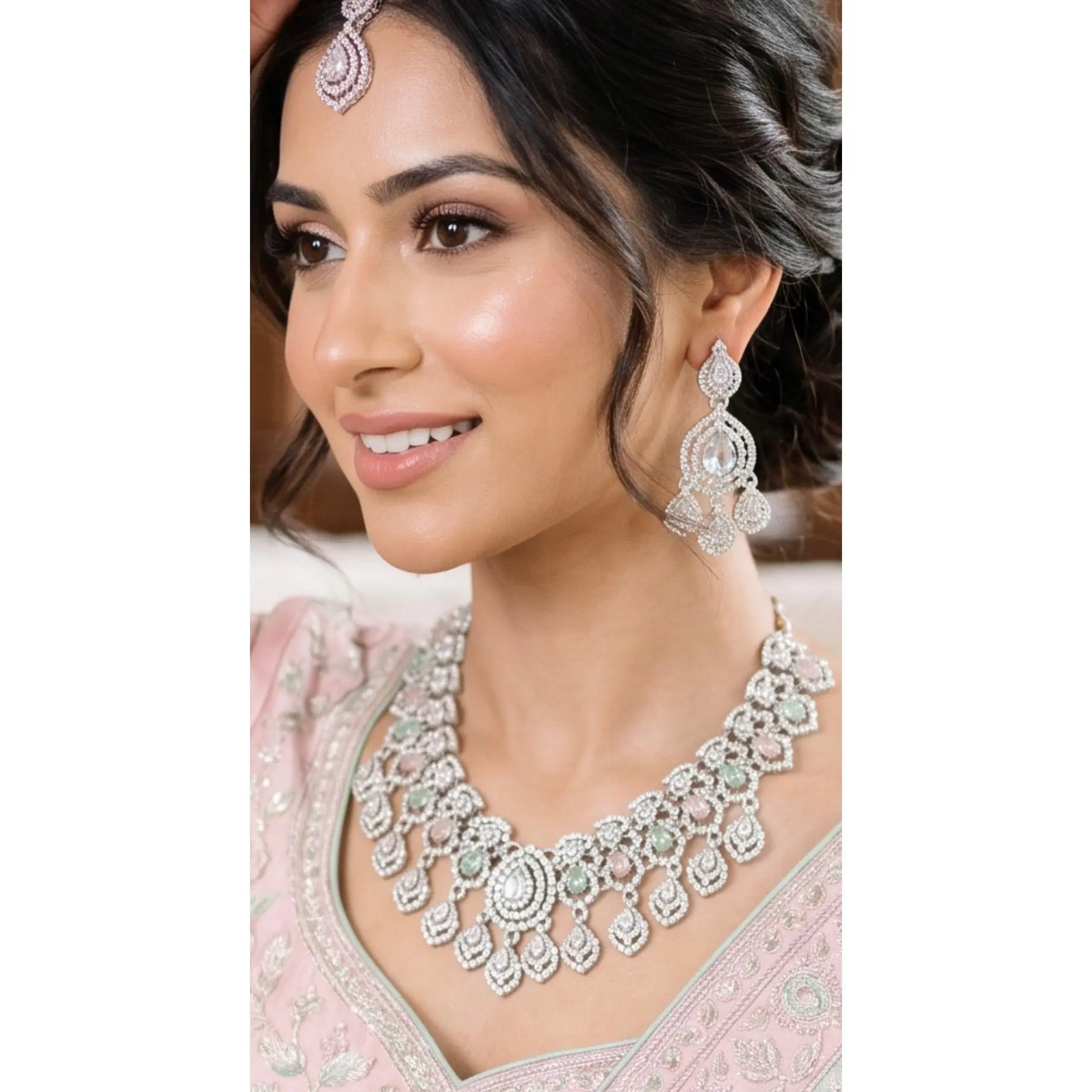 Silver Tone Pastel Crystal Bridal Necklace Set with Earrings & Maang Tikka | Indian Pakistani Afghan Wedding Jewelry | Gift Box Included 6026-2