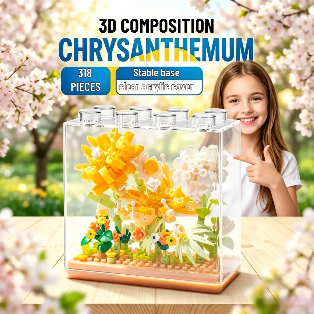 Flower building block set with display box, mini bouquet building block model, DIY artificial flower assembly toy, 3D flower building block set, desktop home decoration ornaments, birthday gifts for teenagers and adults on holidays